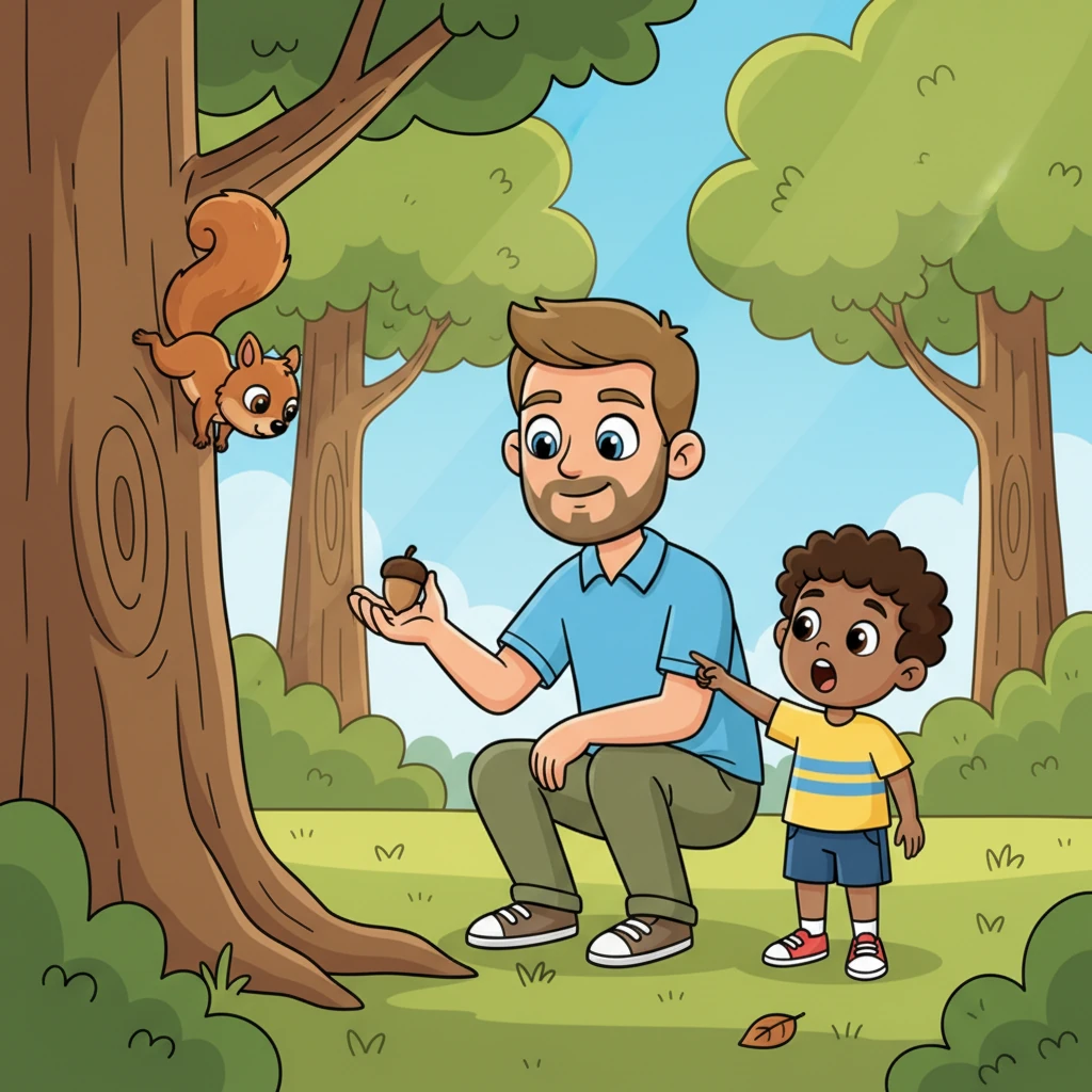 A tiny, fluffy squirrel with a bushy tail scampered down a nearby tree trunk, its eyes bright with curiosity. Pip gasped, pointing silently at the adorable creature. Papa Leo smiled, quietly showing Pip how to offer a small nut. The squirrel twitched its nose, then quickly snatched the treat before dashing back up the tree.