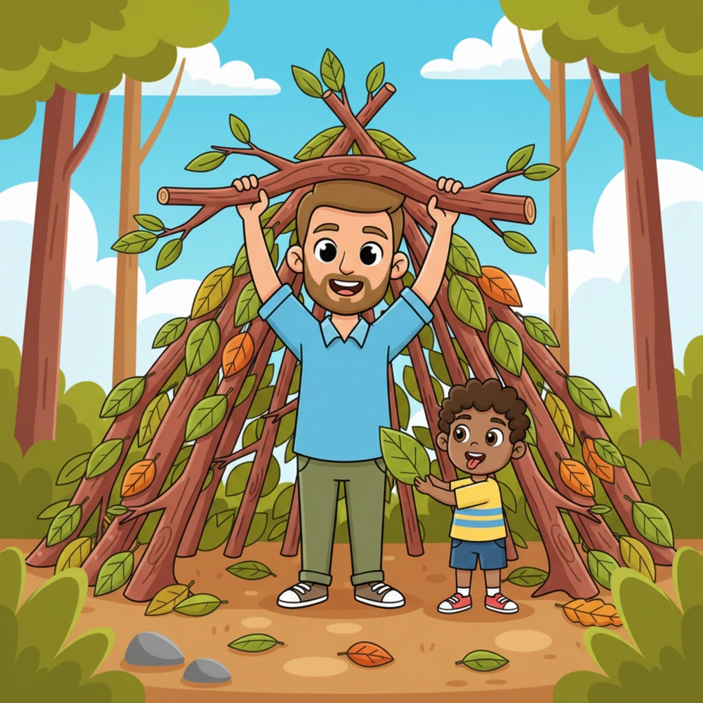 Inspired by the squirrel's home, Pip decided they needed a fort! Together, they gathered fallen branches and large leaves, stacking them carefully to create a cozy hideaway. Papa Leo helped lift the bigger pieces, making sure their little shelter was strong and secure. Pip imagined it as a secret base for adventurers.