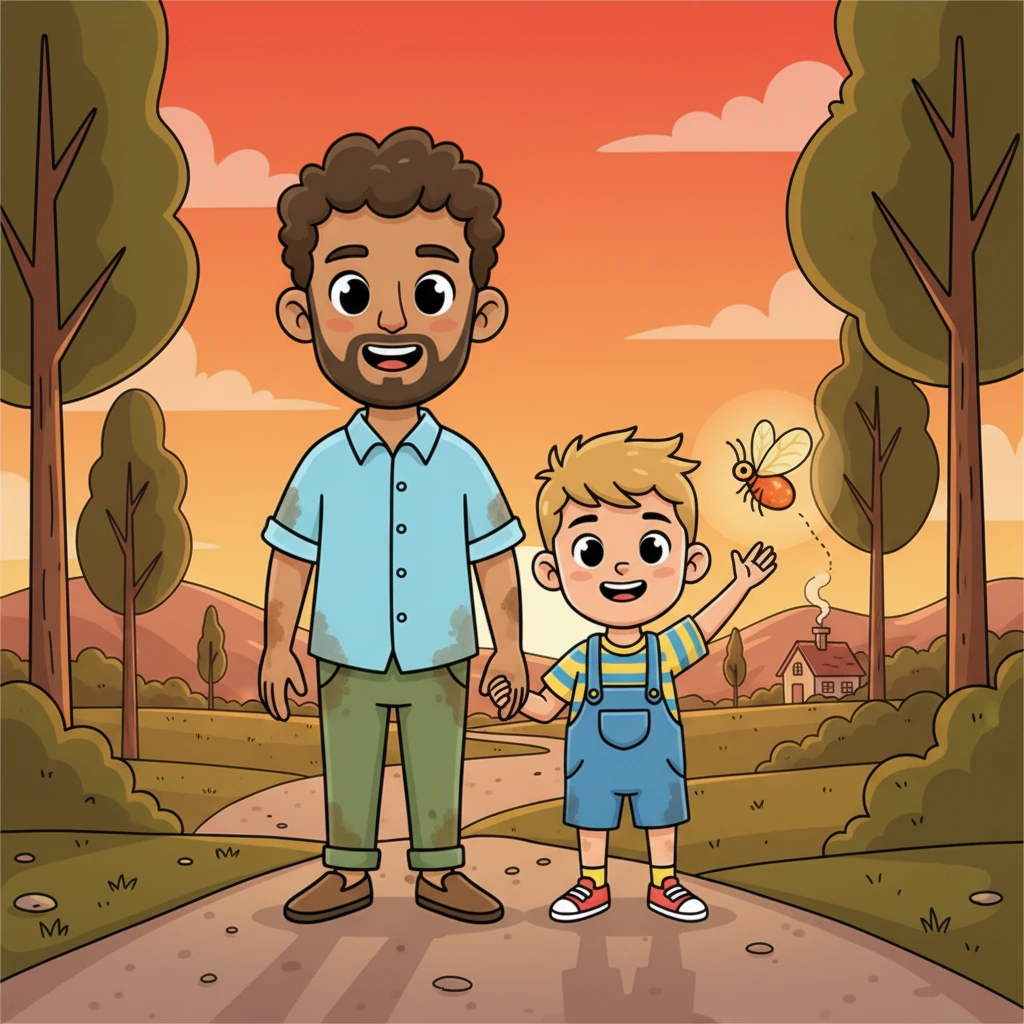 As the sun began to dip below the horizon, painting the sky in glorious shades of orange and pink, Papa Leo and Pip slowly made their way home. Their hands were a little sticky, their clothes a little dusty, but their hearts were full. They walked in comfortable silence, cherishing the day's memories.