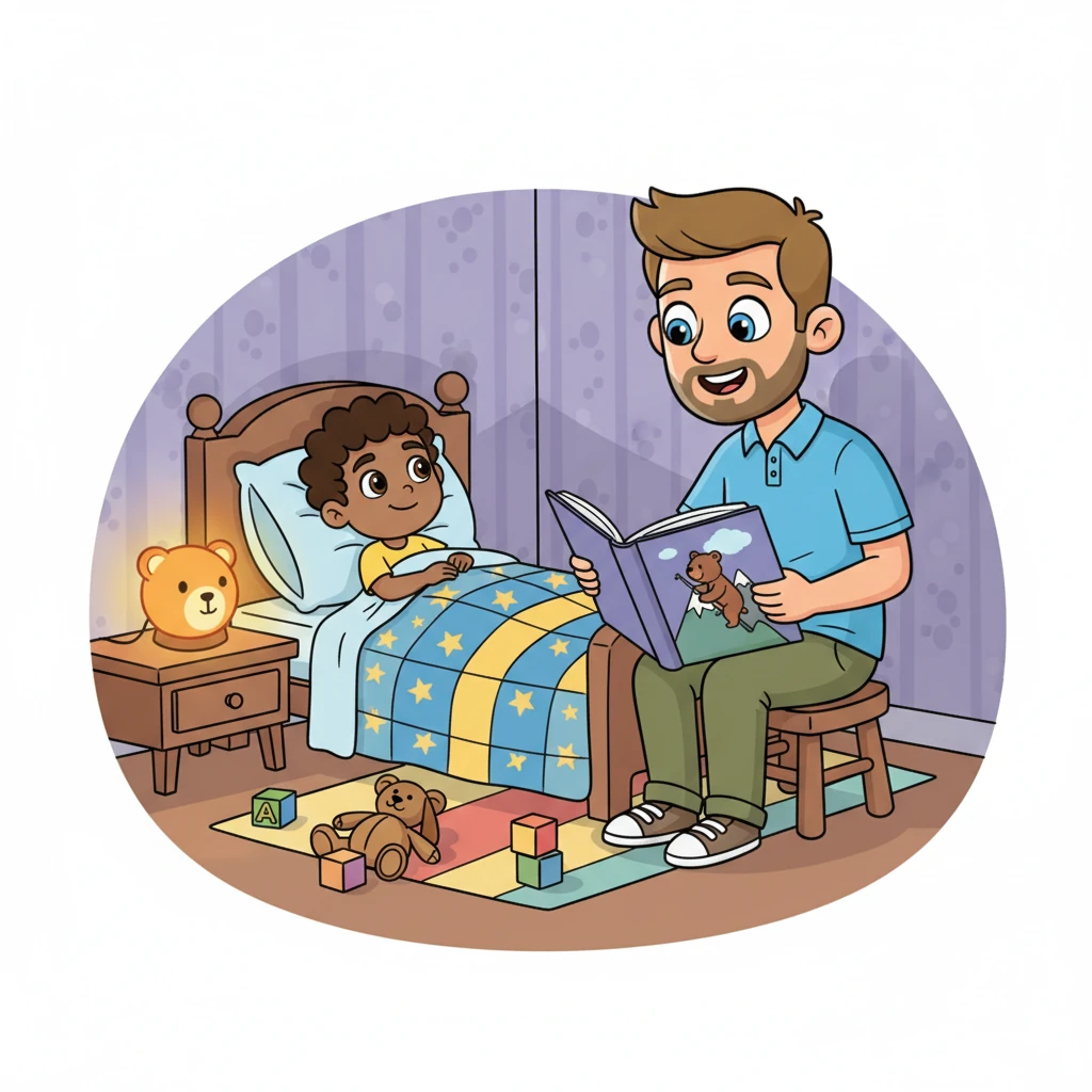 Tucked snugly in his bed, Pip listened as Papa Leo read a story about a brave little bear. The room was bathed in the soft glow of a nightlight, casting warm shadows. With a final hug and a kiss goodnight, Pip closed his eyes, dreaming of tomorrow's adventures with his wonderful dad.