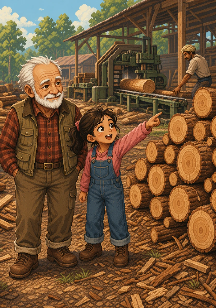 One day, Aanya's curiosity led her to the busy sawmill where huge logs were processed. 'Look, Grandpa!' she exclaimed, 'This is where we get the wood for my bed!'