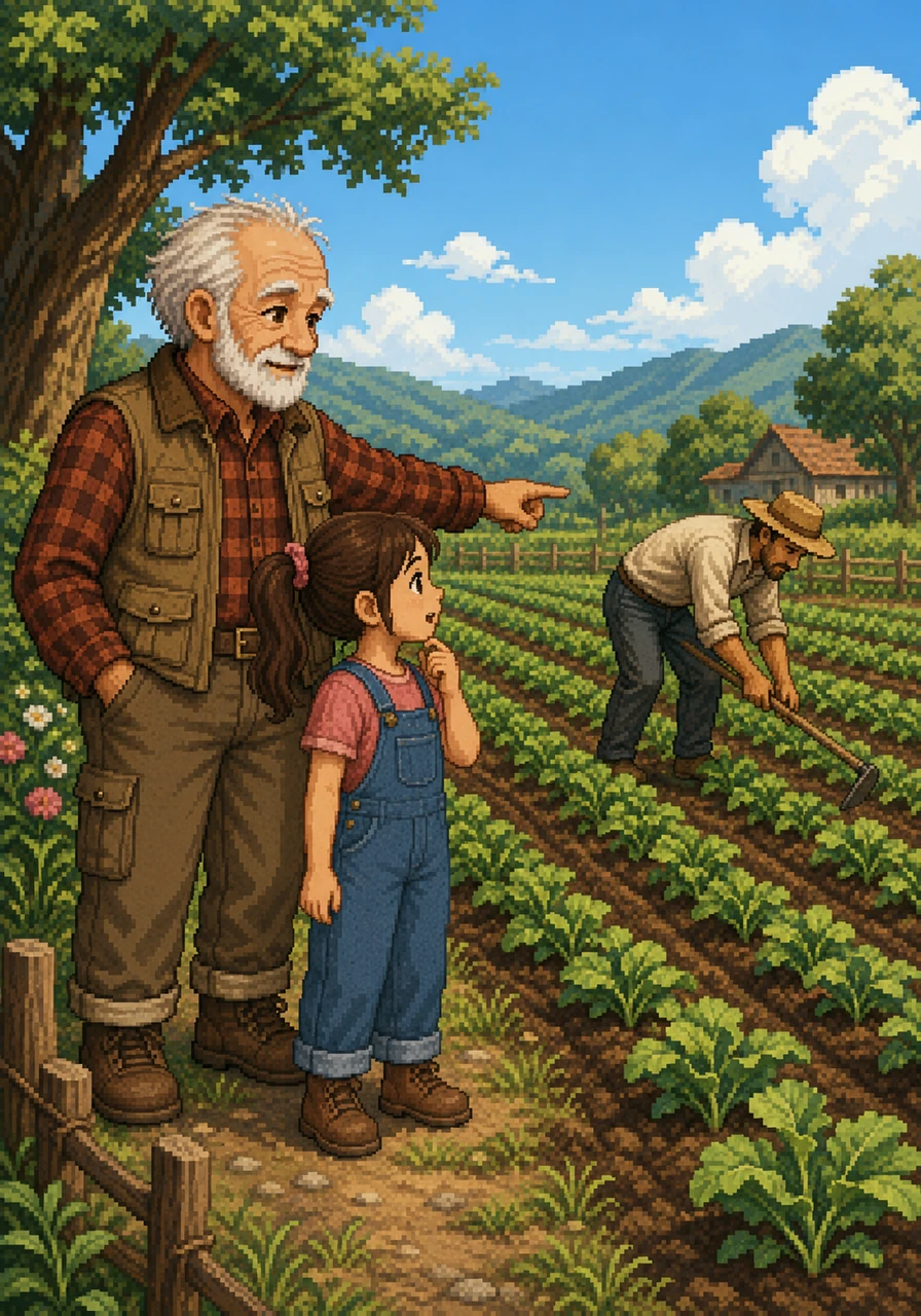 Curiosity about other resources soon followed. Next, Aanya saw a farmer working diligently in his lush green fields, tending to crops that would soon become delicious food.