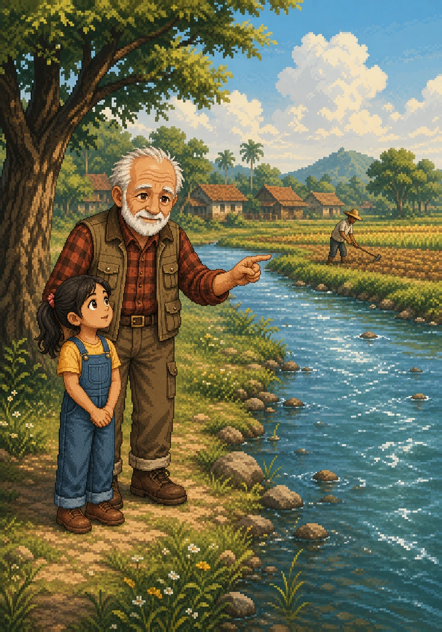 On a hot afternoon, a refreshing glass of water sparked Aanya's curiosity again. Grandpa took her to the river flowing gracefully near their village, explaining that fresh water is a vital resource for life.