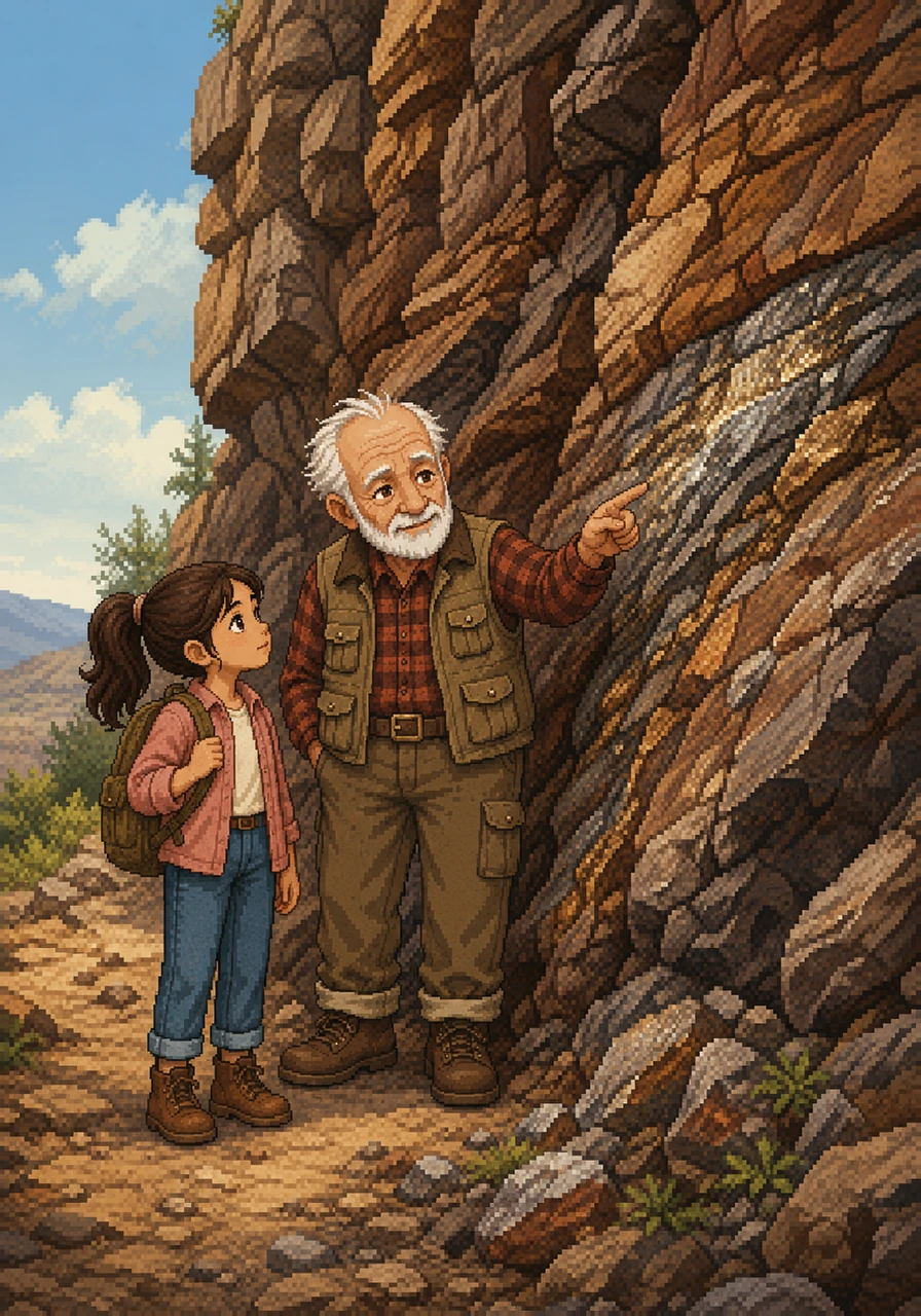 Later, while walking past an ancient, weathered rock face, Grandpa paused. 'Inside these rocks, Aanya, are valuable minerals used to make many things we see around us, like metal and glass.'