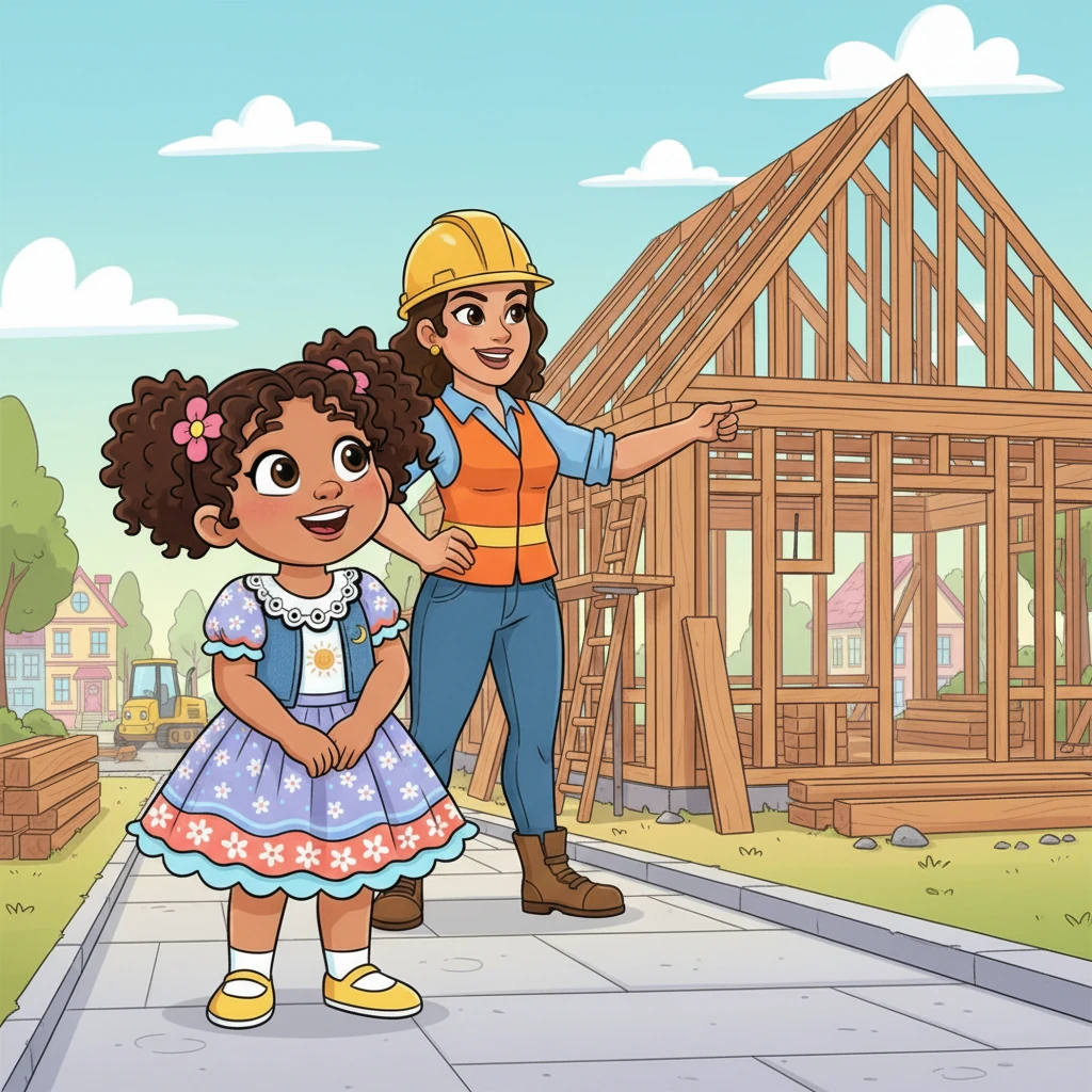 Sofía sale a caminar por su vecindario y ve a una mujer fuerte con un casco amarillo, dirigiendo la construcción de una casa. Ella es una ingeniera, creando lugares seguros y hermosos para que las familias vivan y crezcan juntas.