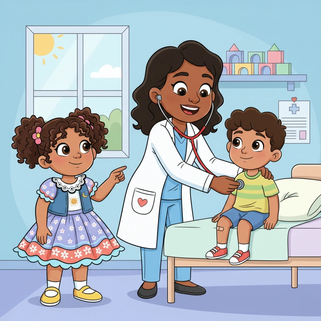 Más adelante, Sofía observa a una doctora amable con una bata blanca, cuidando a un paciente con una gran sonrisa. Con su estetoscopio y su corazón bondadoso, ayuda a las personas a sentirse mejor y a estar sanas.