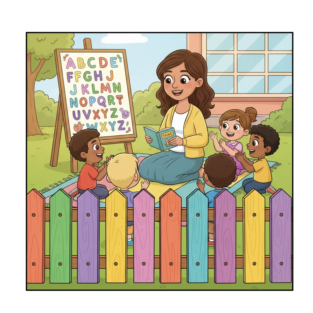 En una escuela cercana, Sofía se asoma y ve a una maestra rodeada de niños felices, enseñándoles canciones y las letras del abecedario. La maestra irradia paciencia y cariño, guiando a sus alumnos con amor en el camino del aprendizaje.