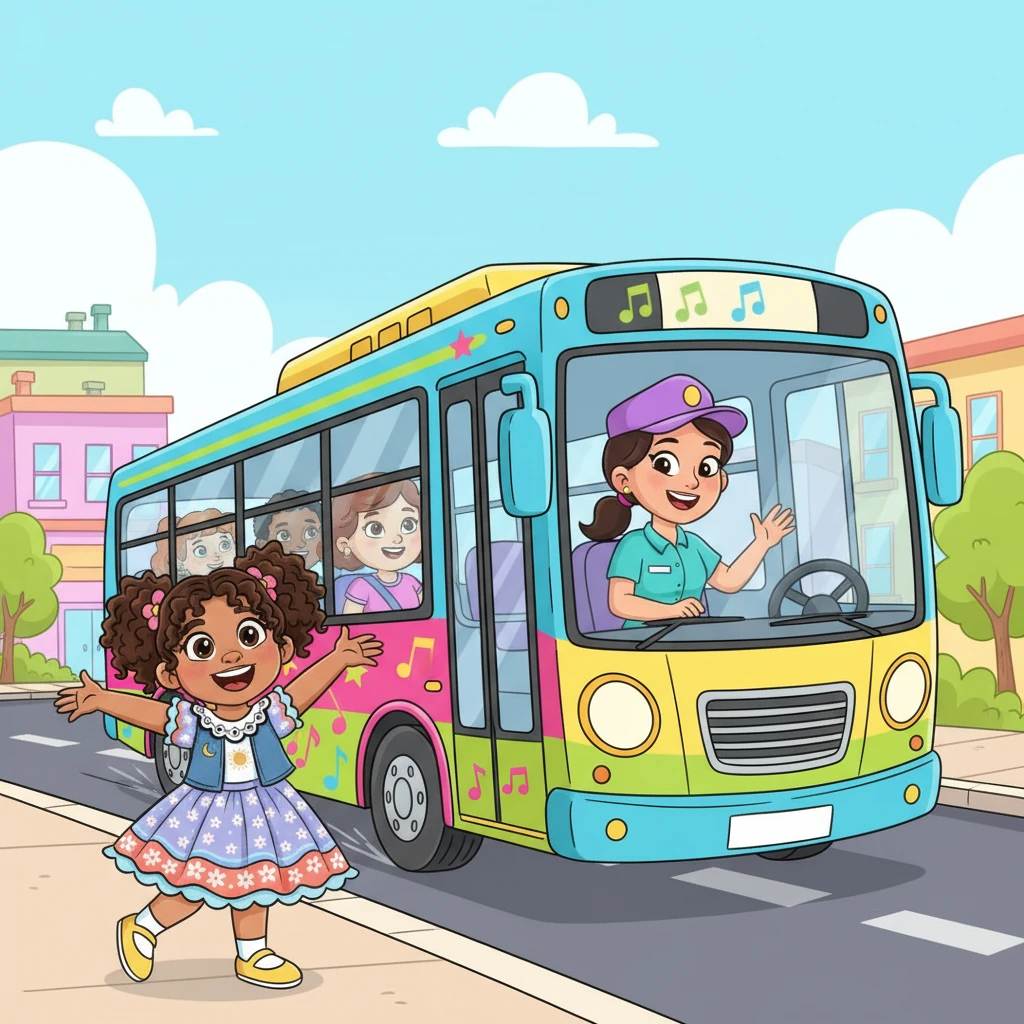 Sofía continúa su paseo y se encuentra con una mujer al volante de un autobús grande y colorido, conduciendo con destreza y una sonrisa amistosa. Lleva a las personas a sus destinos de forma segura, siendo una pieza clave en el movimiento de la ciudad.