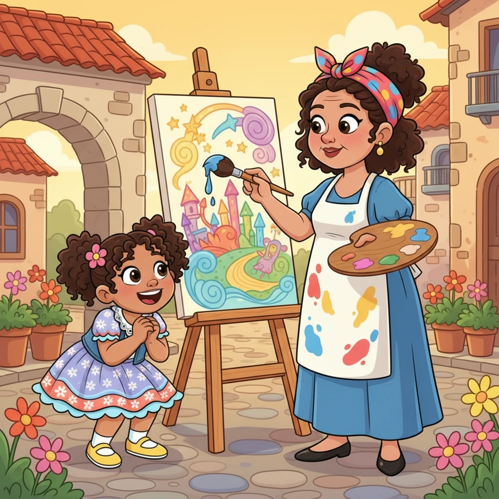 En un rincón pintoresco, Sofía descubre a una artista con un pincel grande y una paleta llena de colores vibrantes, creando un cuadro hermoso. Sus manos dan vida a la imaginación, plasmando sueños y emociones en el lienzo.