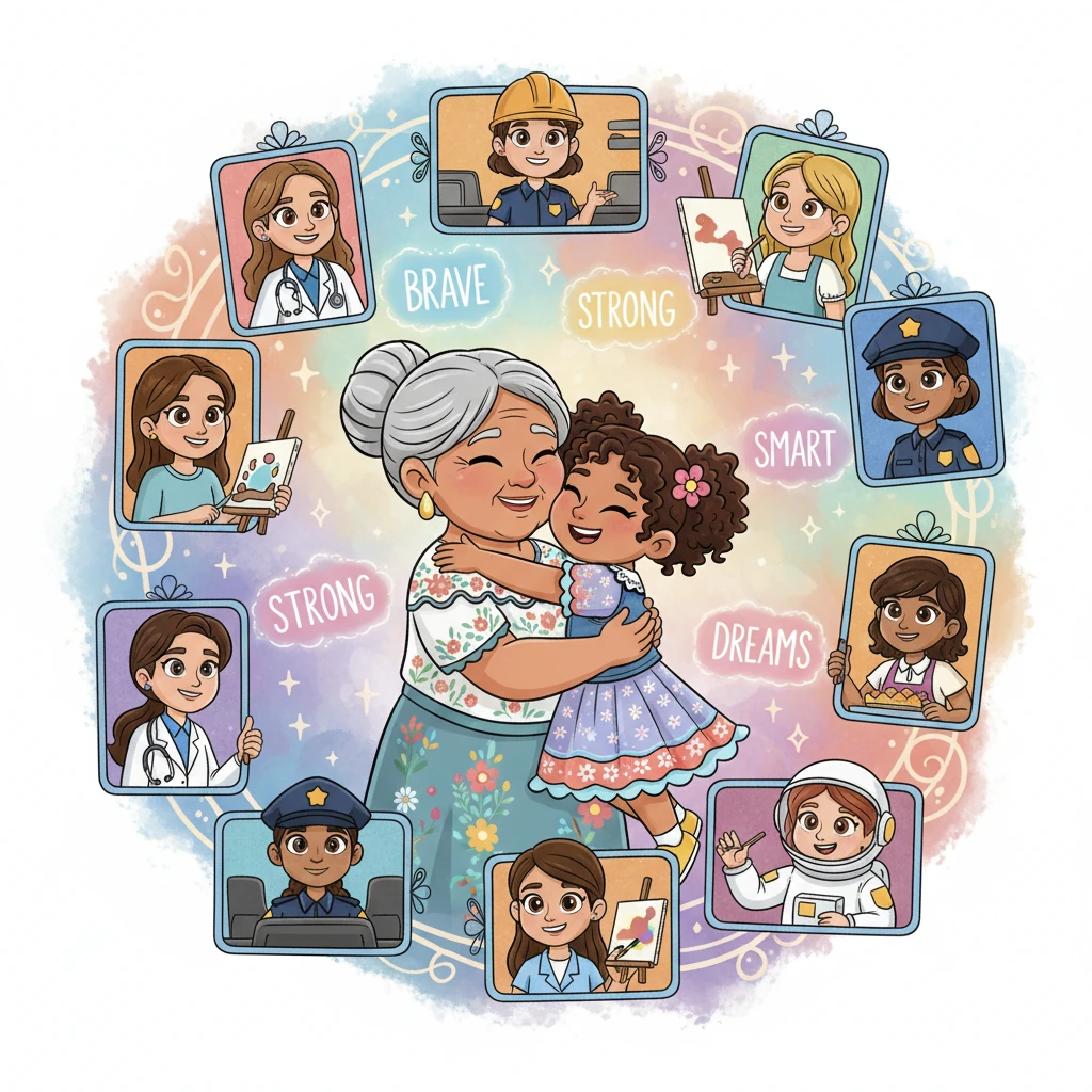 La abuela abraza a Sofía fuertemente, rodeada de imágenes de todas las mujeres que Sofía vio. Le recuerda que puede ser doctora, ingeniera, policía, artista, o cualquier cosa que su corazón sueñe, porque las mujeres son valientes, fuertes, inteligentes y amorosas, y todos los sueños son importantes.