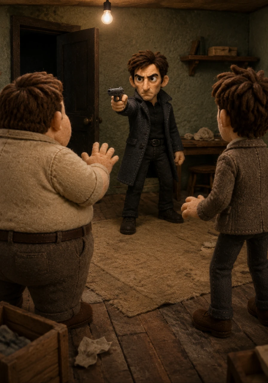 As Ausable stepped into the room and flicked on the light, both men froze at the sight of a slender man standing in the center. The intruder, Max, held a small automatic pistol pointed directly at them, his eyes cold and determined.