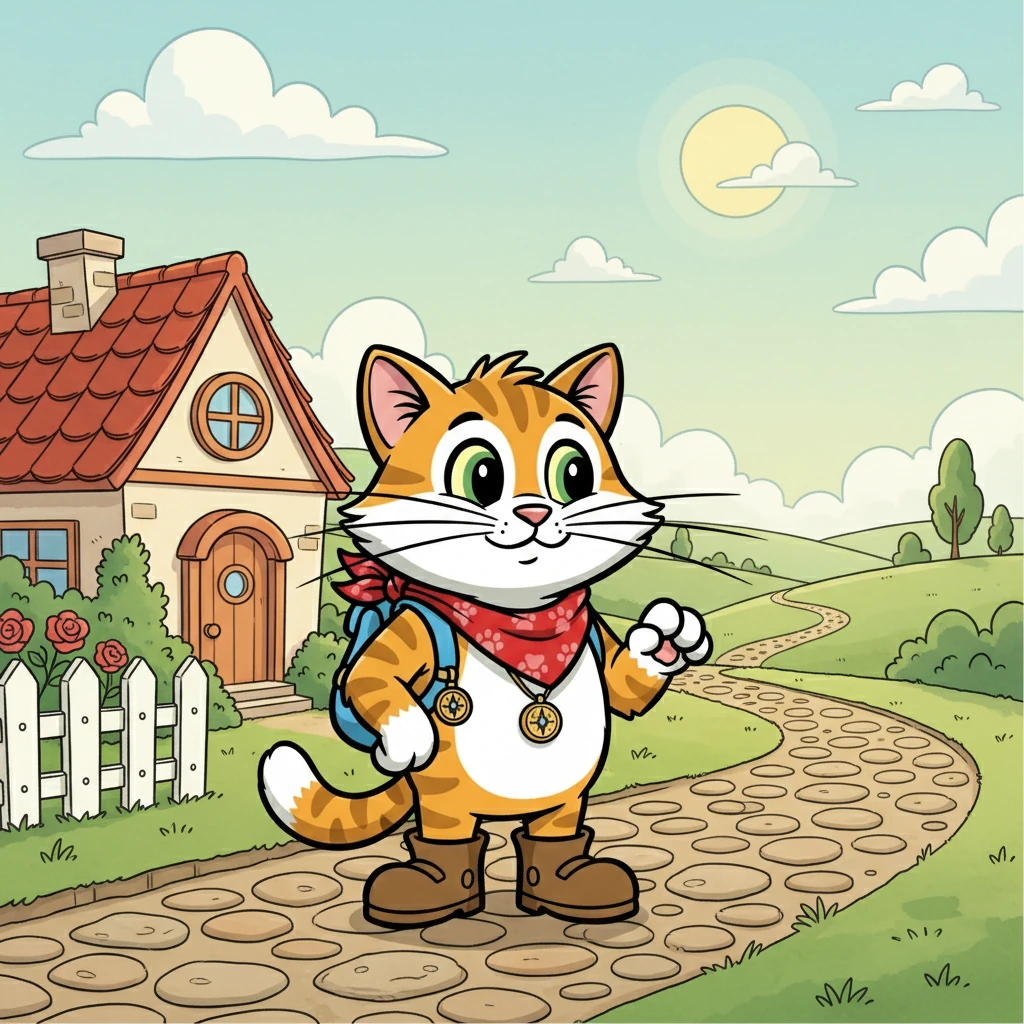 Whiskers, a fluffy tabby cat with bright green eyes, lived in a cozy little house with a kind old woman. He loved exploring, but always stayed close to home. One sunny morning, he decided he was ready for a bigger adventure.