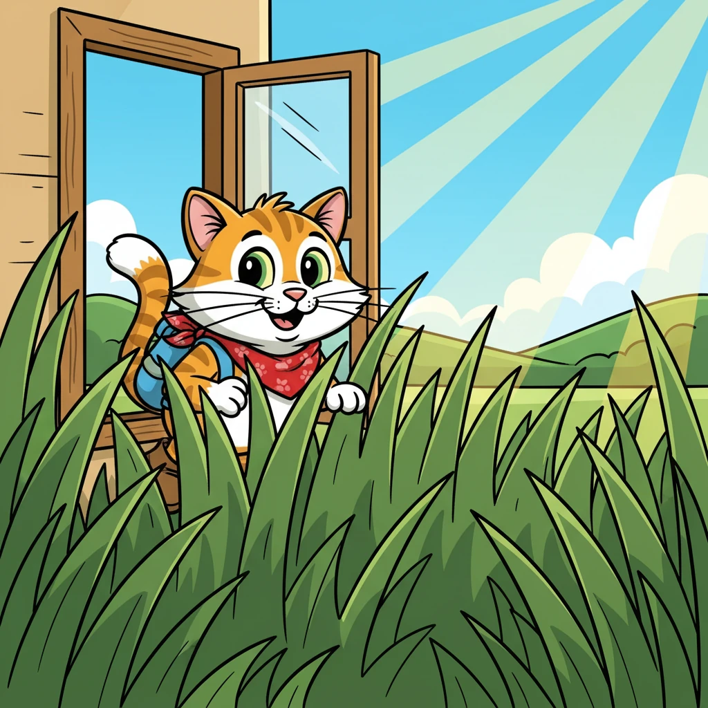 He crept out of the open window and into the tall, green grass, his tail twitching with excitement. The world seemed enormous and full of new smells and sounds. The sun warmed his fur as he padded forward.
