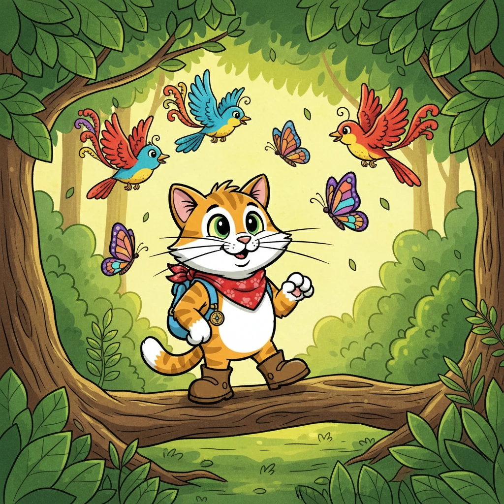 Whiskers cautiously entered a dense forest, the sunlight dappling through the leaves. He saw colorful birds flitting from branch to branch and butterflies with painted wings dancing in the air. This was a whole new world!