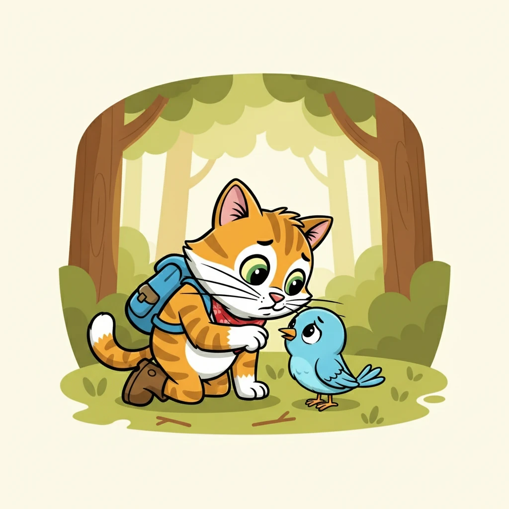 Suddenly, he heard a small whimper. Following the sound, Whiskers found a tiny, lost bird with a broken wing. He gently nudged it with his nose, trying to comfort the little creature.