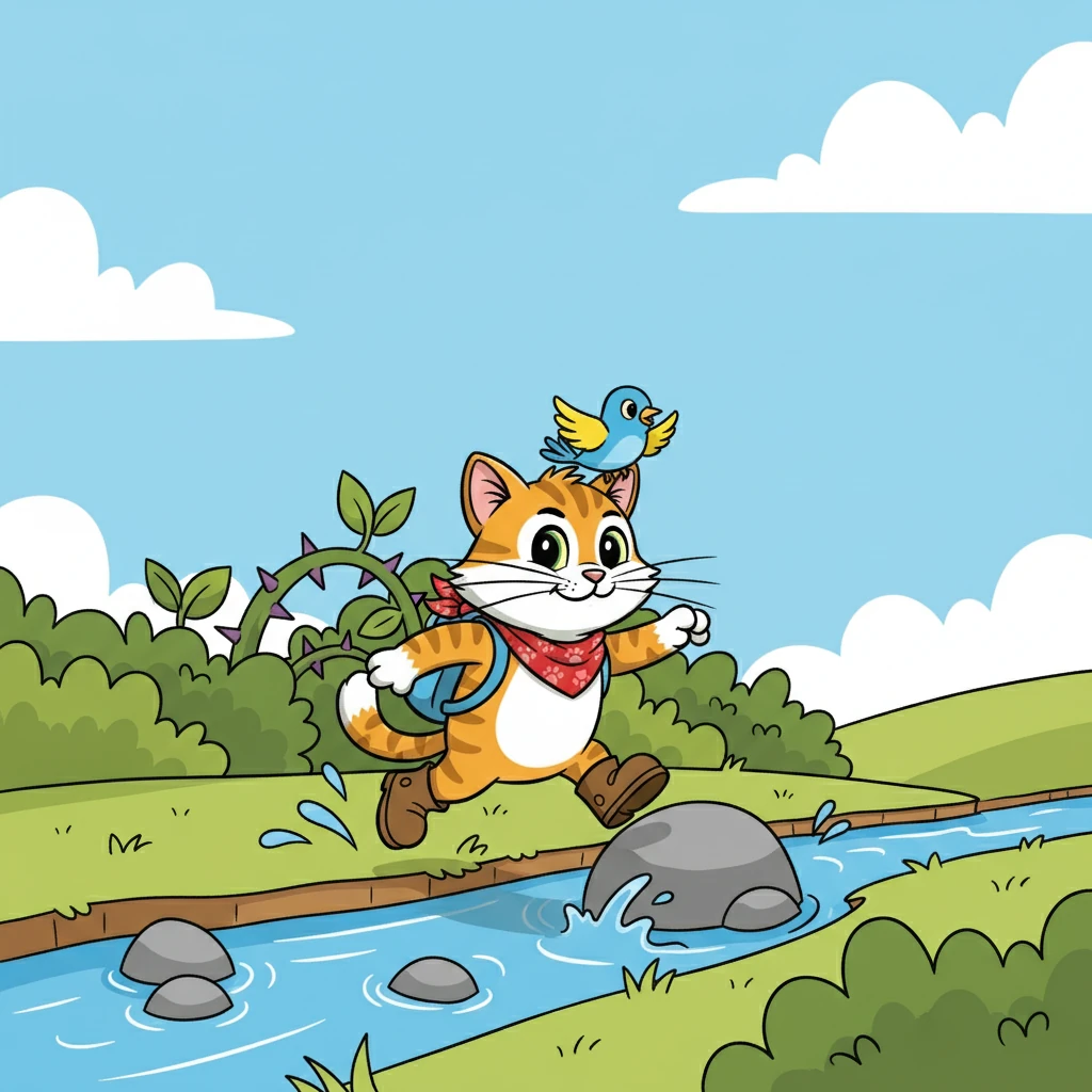 The journey was long and challenging. Whiskers had to cross a babbling brook and navigate through thorny bushes. But he didn't give up, his determination fueled by the bird's trust.