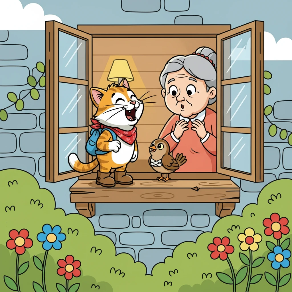 Finally, he reached the house. He meowed loudly at the window, hoping the old woman would hear him. She opened the window and gasped at the sight of Whiskers and the injured bird.