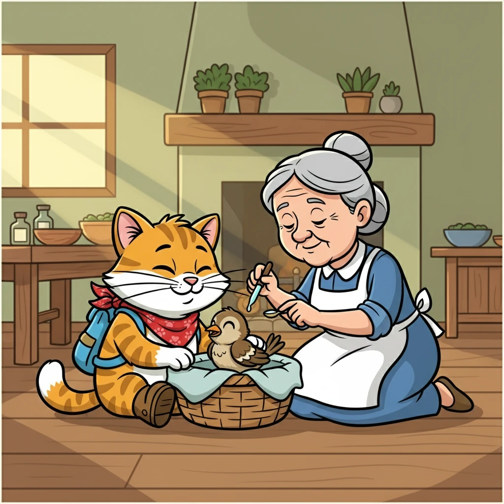 The old woman, who was a skilled animal lover, gently nursed the bird back to health. Whiskers stayed by the bird's side, purring softly and keeping it company.