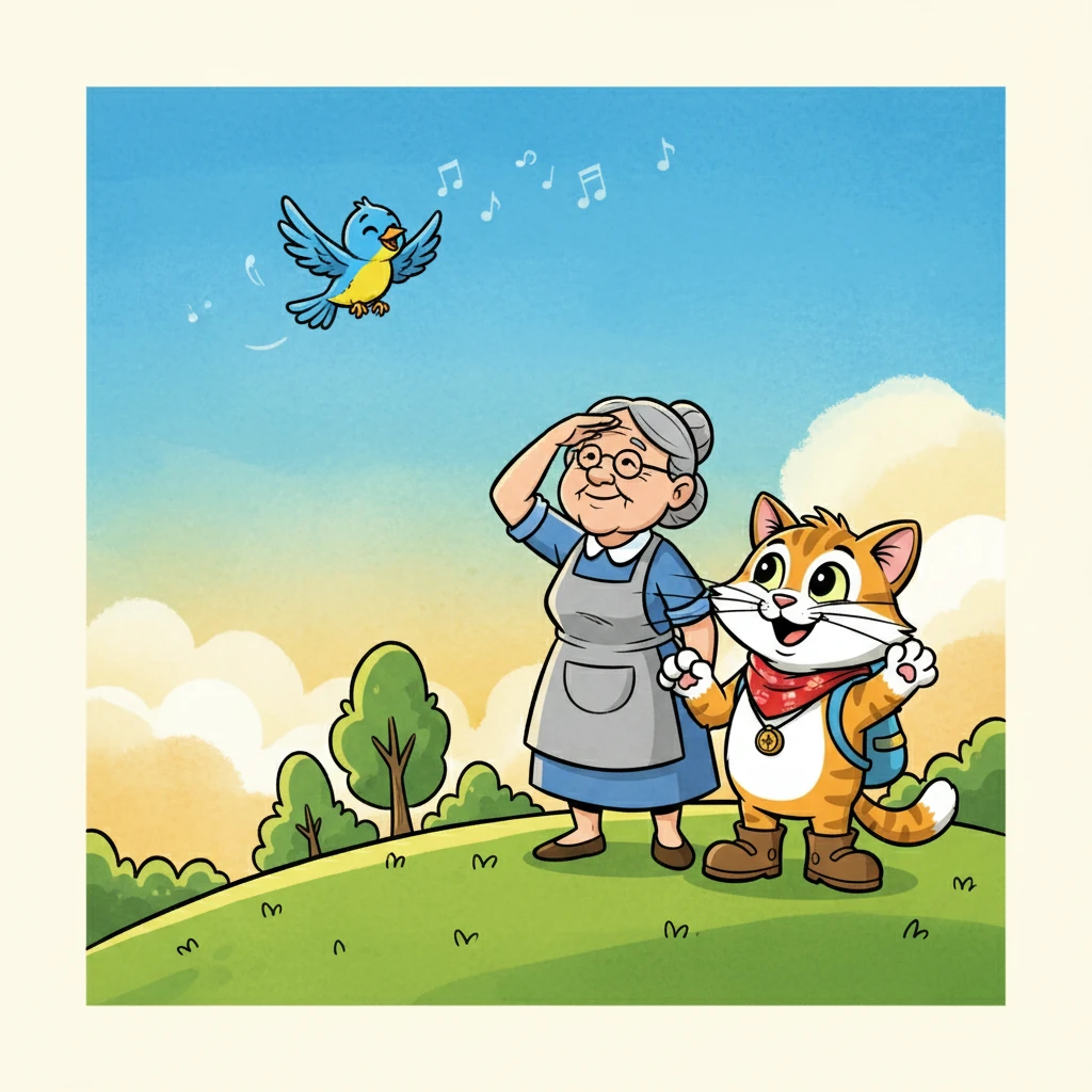 After a few weeks, the bird was ready to fly again. The old woman and Whiskers watched as it soared into the sky, chirping happily. Whiskers felt a warm glow inside.