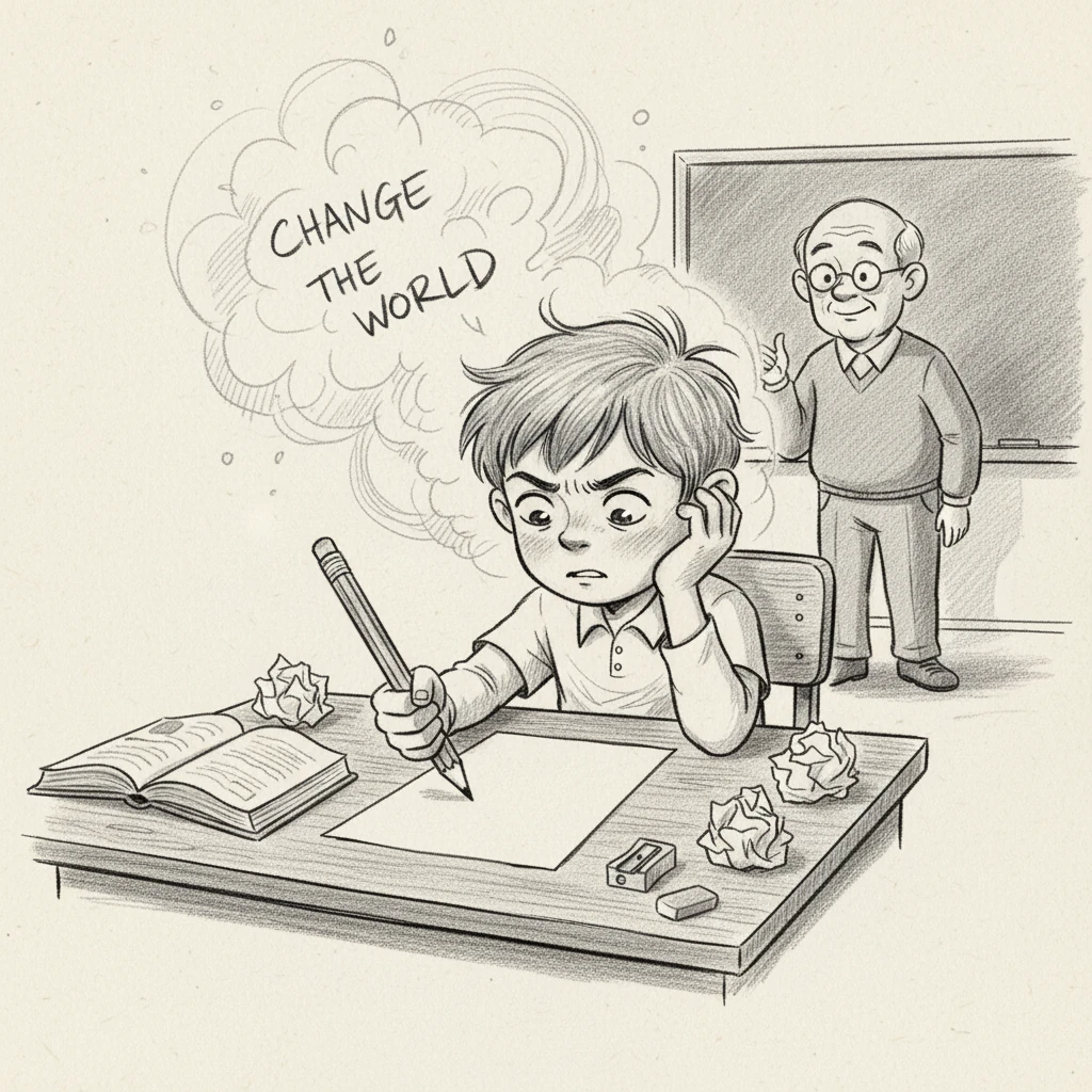 Leo sat at his desk, a little overwhelmed by the new social studies assignment. Mr. Reuben, their kind new teacher, had asked them to come up with an idea to change the world. Leo gripped his pencil, the paper in front of him blank and daunting.