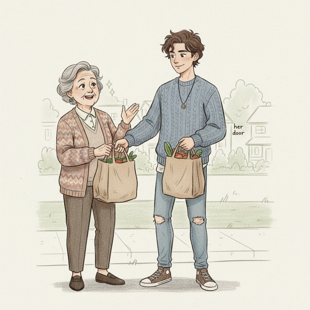 Walking home, Leo saw his elderly neighbor, Mrs. Gable, struggling with several heavy grocery bags. Without hesitation, he walked over and offered to carry them to her door. Her face lit up with a grateful smile.