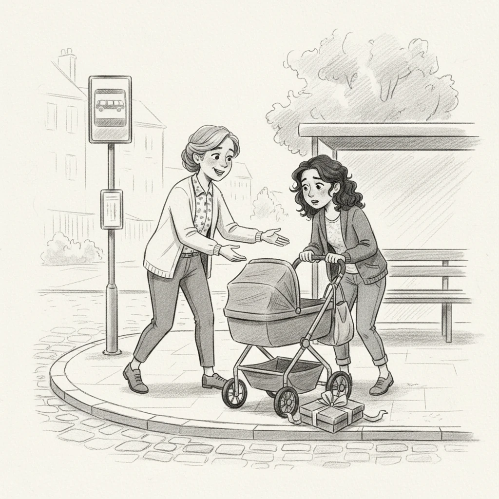 Later that week, Mrs. Gable, remembering Leo's kindness, noticed a young mother at the bus stop fumbling with a stroller and a dropped package. Mrs. Gable quickly stepped forward to help, a warm feeling spreading through her chest.