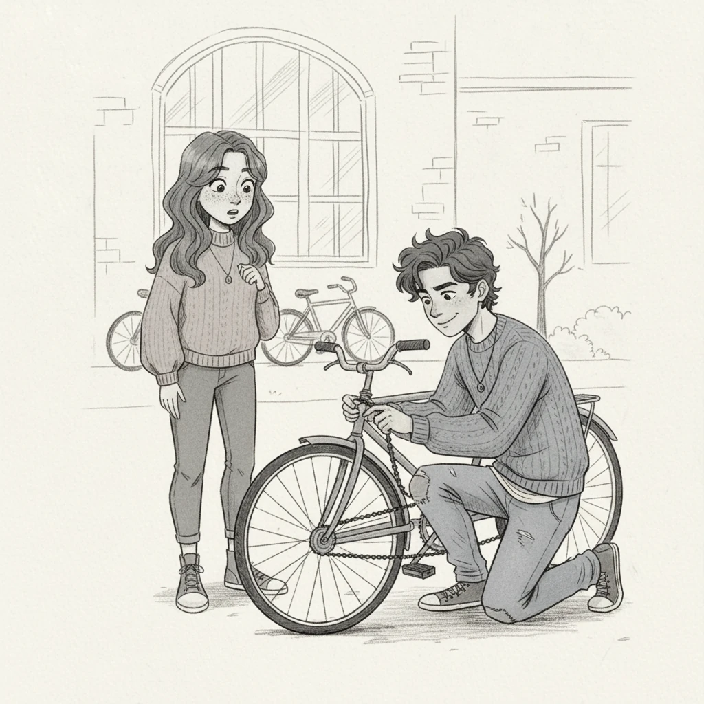 At school the next day, Leo spotted his classmate, Sam, looking frustrated beside his bike with a broken chain. Leo, who loved tinkering with machines, offered to help fix it after school. Sam looked surprised but grateful.