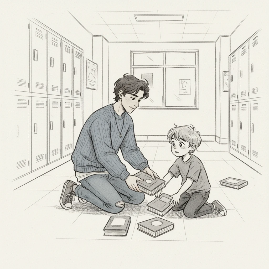 Sam was amazed by Leo's help. A few days later, he saw a younger student accidentally drop all their books in the hallway. Without a second thought, Sam knelt down and helped them gather everything, a quiet sense of satisfaction settling in.