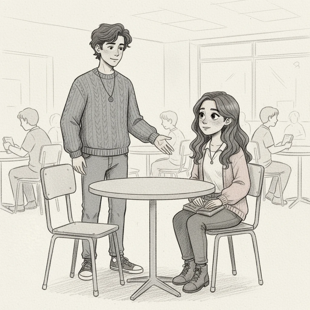 During lunch, Leo noticed Chloe, a new student, sitting alone, looking a little lost. Taking a deep breath, Leo walked over and invited her to join his table. Chloe hesitated, then offered a shy, thankful smile.