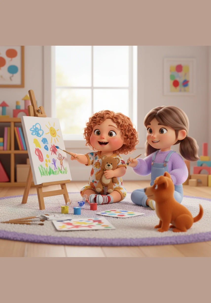 Back at home, Rosie grabs her favorite brushes and bright paints to create a masterpiece. Ivy sits beside her, and together they turn white paper into a rainbow of colors, swirls, and happy suns.