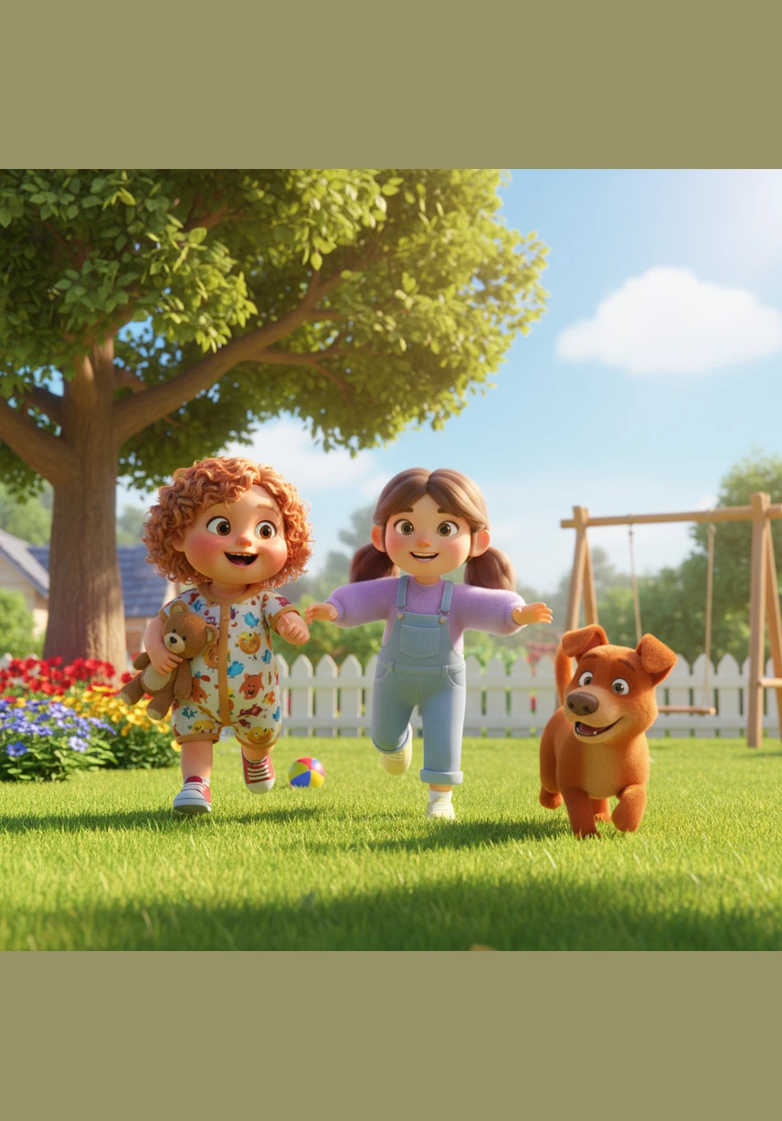 Red Boy the dog is always ready for a game of chase in the backyard. Rosie laughs as she runs across the green grass, clutching her favorite blue cat toy tightly in her arms as the ocean breeze blows through her hair.