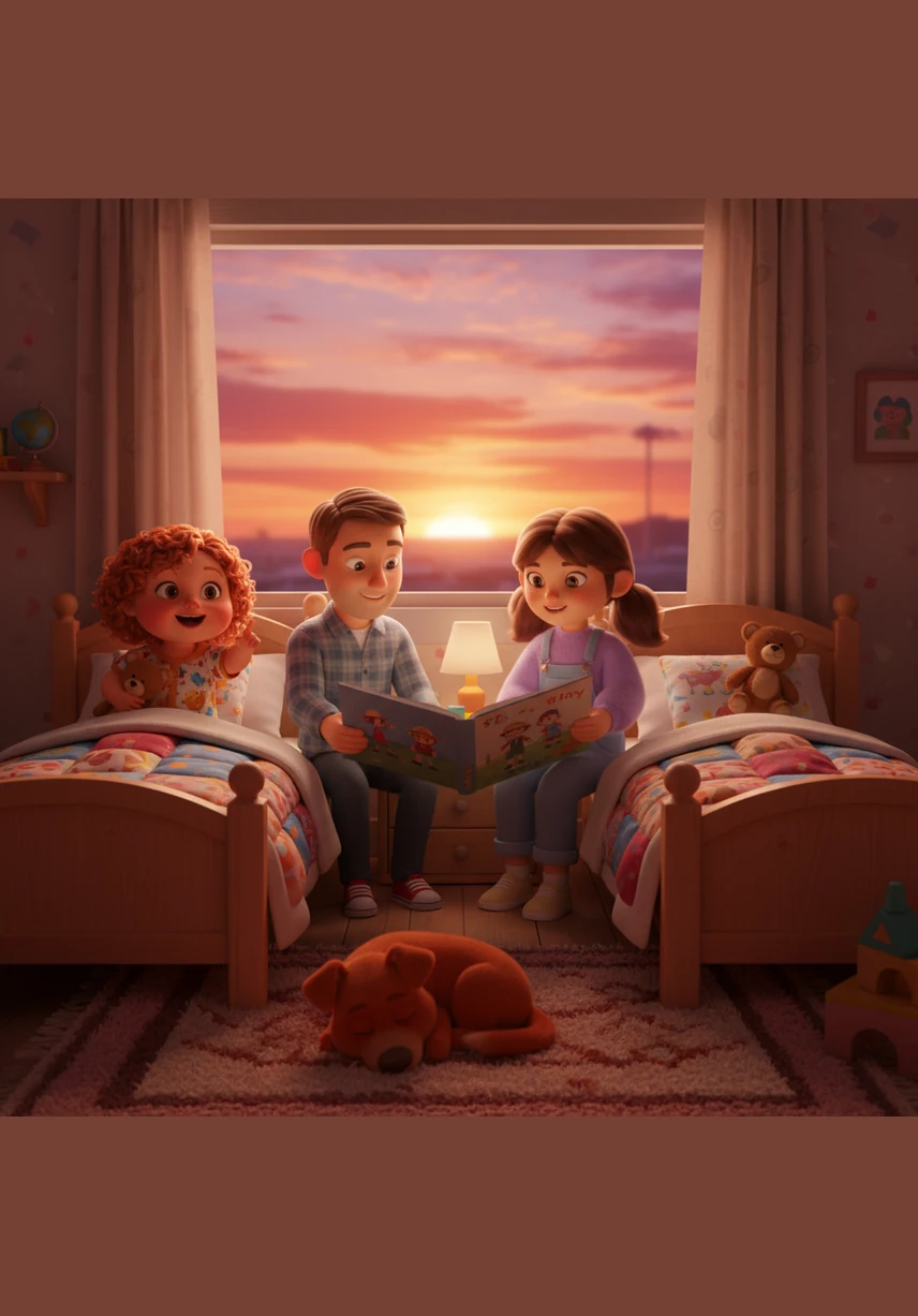 As the sun sets over the Geraldton horizon, Mum and Dad tuck Rosie and Ivy into their cozy beds. They read a story together about brave explorers, and Red Boy curls up on the rug, keeping everyone safe and warm.