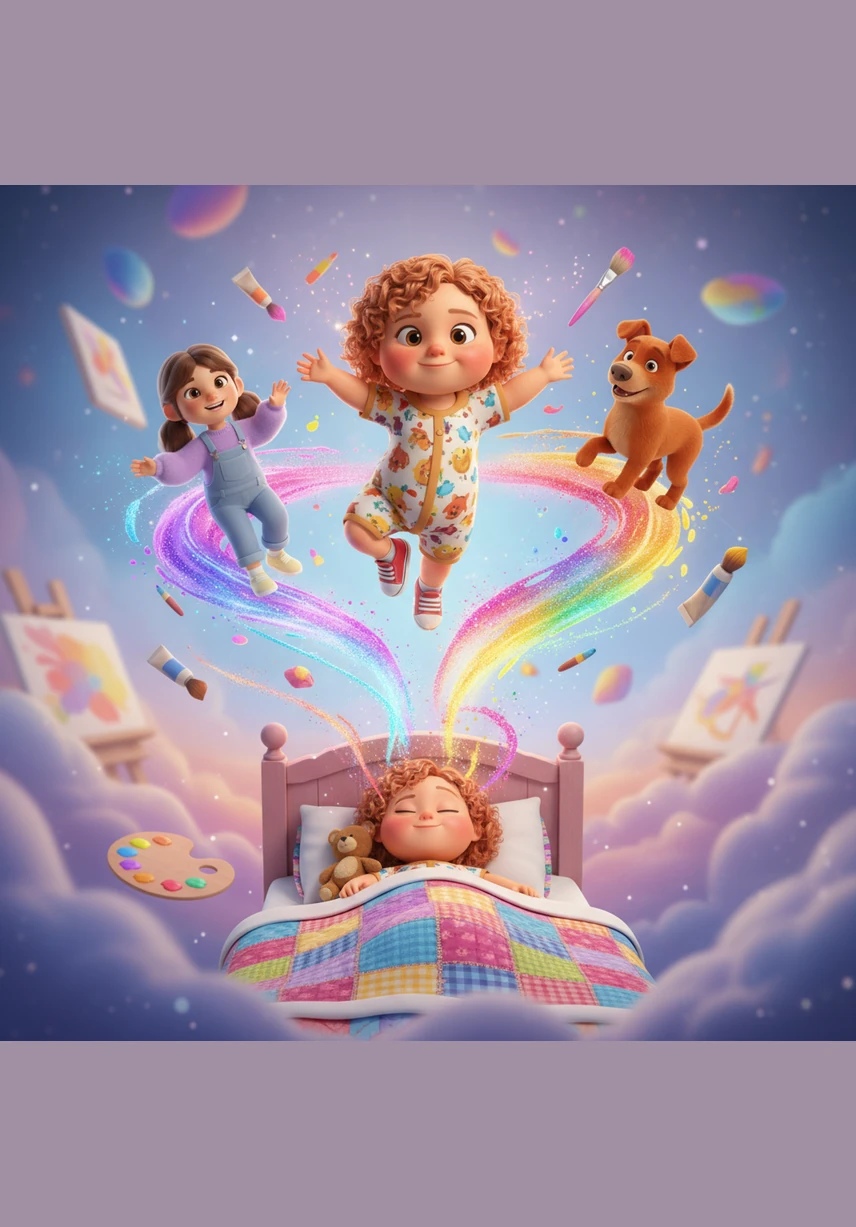 Rosie drifts off to sleep with a heart full of happiness, dreaming of her next painting. In her dreams, she is soaring through the air like a gymnast, surrounded by the family and toys she loves most in the world.