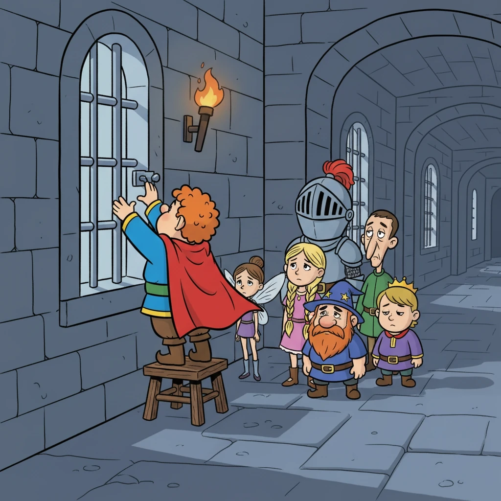 Mike and Pip infiltrated the castle, dodging gloomy guards and navigating a maze of melancholic hallways. They found Vanessa, Tom, Pete, Dave, and Eugenio, all trapped and looking sad. Mike knew he had to act fast.