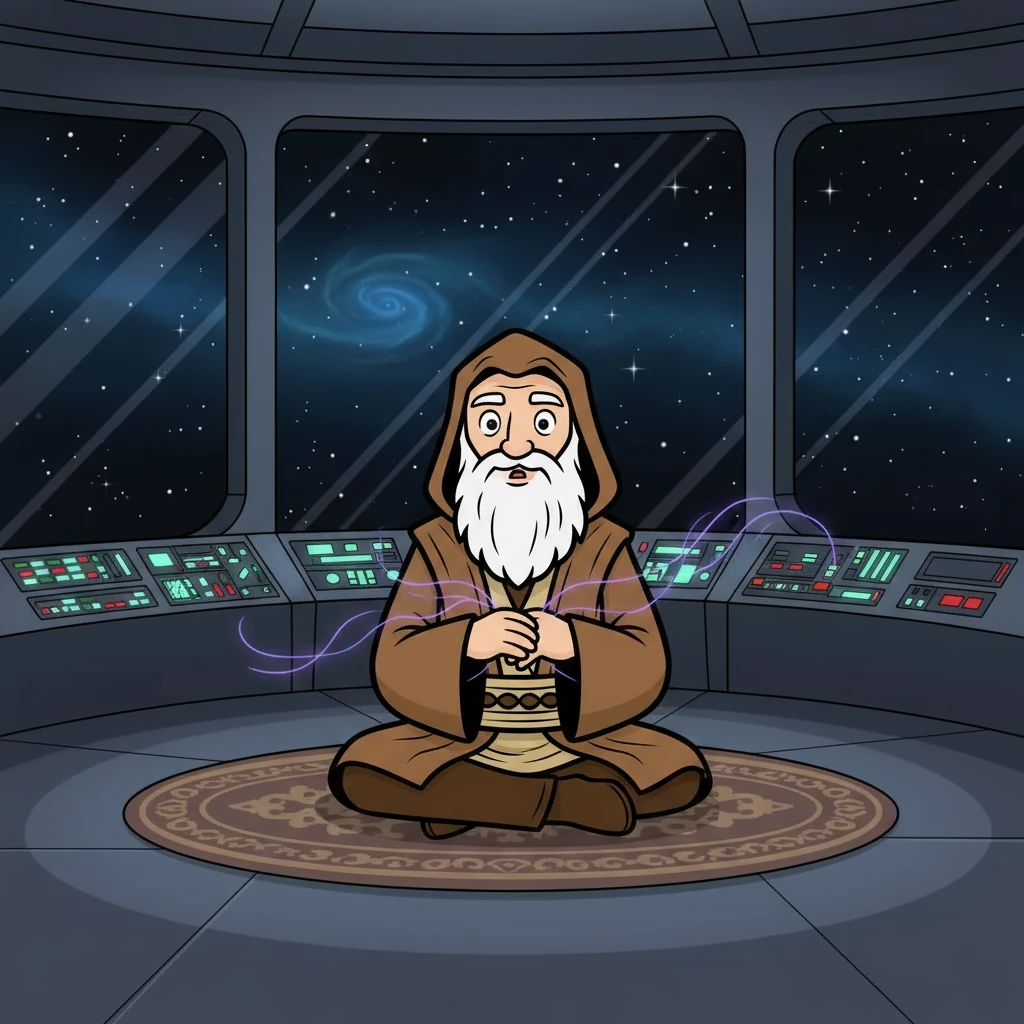 In the quiet of space, aboard the starship Wayfinder, Jedi Master Mr. Grant meditates. His eyes suddenly snap open as he senses a disturbance in the Force. He knows that a call for help, faint as a whisper, has reached out across the stars.