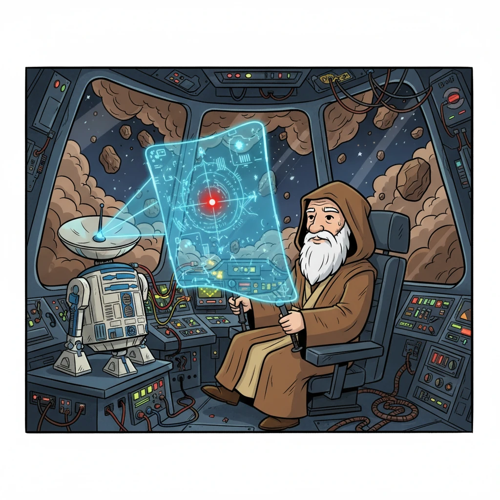 Mr. Chris, the Wayfinder's skilled pilot, expertly navigates through a treacherous asteroid field. Mr. Wi-Fi, the resourceful astromech droid, boosts the scanners. A holographic map appears, pinpointing the source of the mysterious signal.