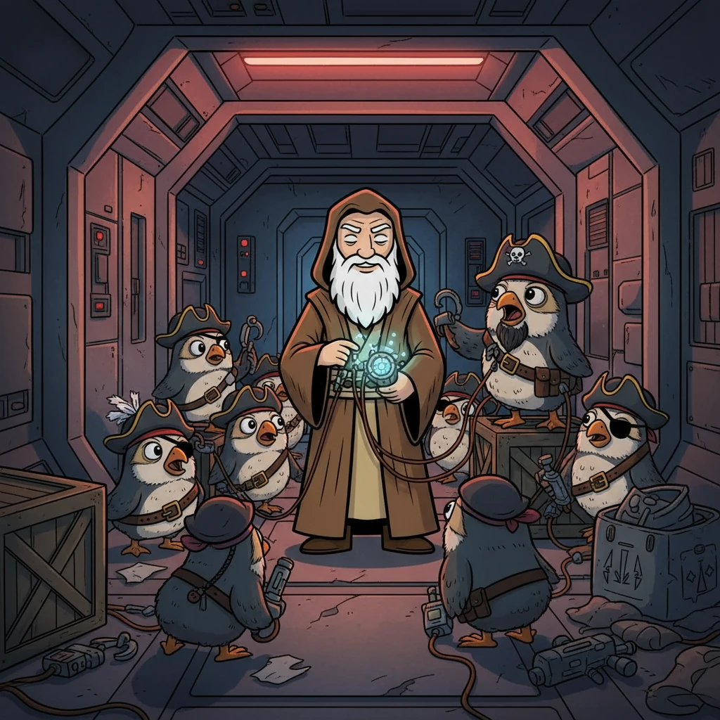 As they dock, emergency lights flicker to life, revealing a band of mischievous Porg-pirates! Their leader squawks a challenge. They're ready to siphon the Wayfinder's power, but Mr. Grant has a different plan.