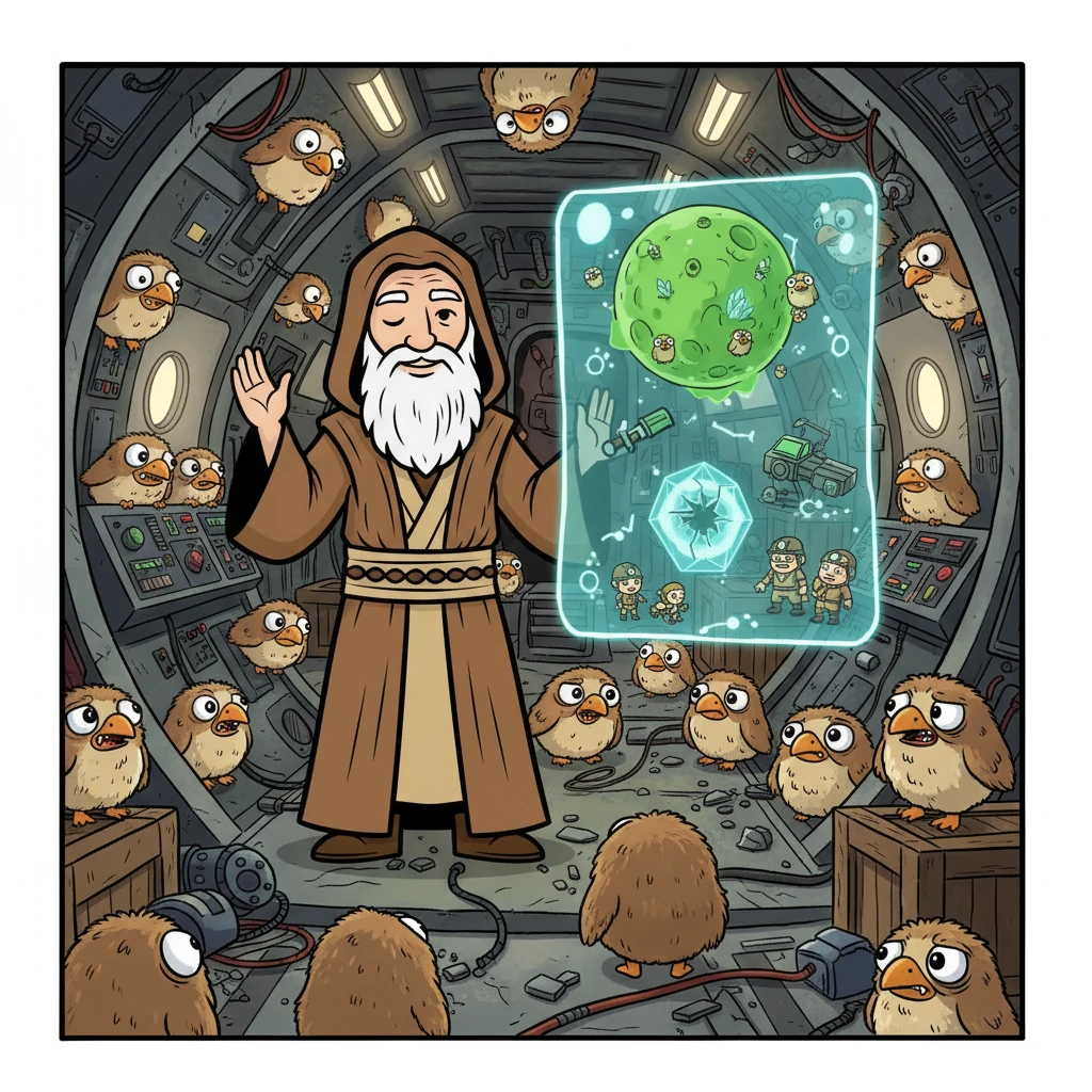 The Porg-pirates swarm the ship, but Mr. Grant holds up a calming hand. Mr. Wi-Fi projects a hologram, revealing the Porgs' home moon and the core crystal stolen by greedy miners. They were merely trying to survive.