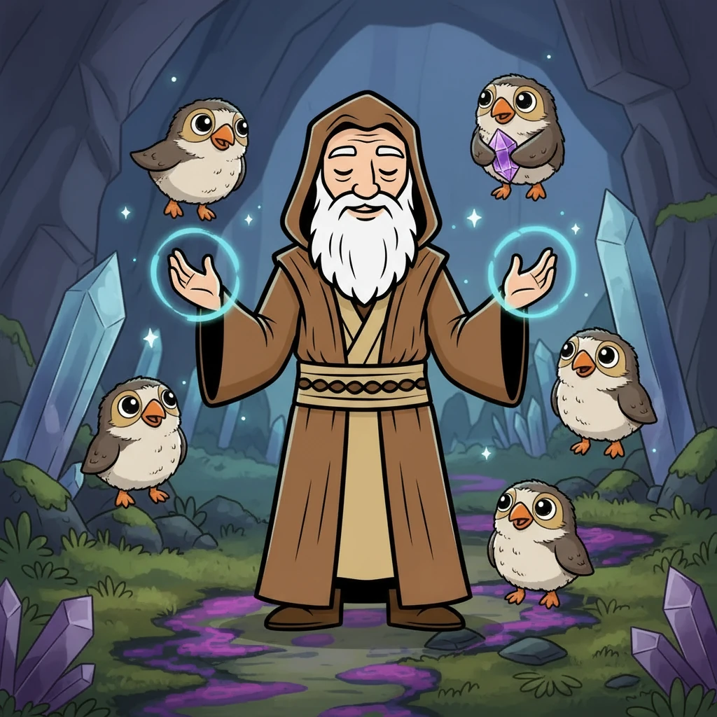 Mr. Grant, using the Force, gently lifts the chattering Porgs, calming them with a wave of peace. He declares that they can help, knowing the location of their crystal. They embark on a thrilling chase to reclaim what was lost.