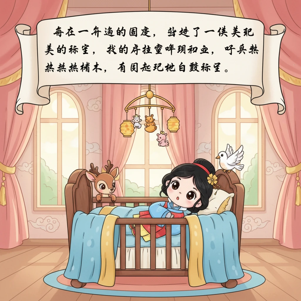 在一个遥远的国度，诞生了一位美丽的公主，她的皮肤洁白如雪，嘴唇红润如血，头发乌黑如檀木，人们都叫她白雪公主。