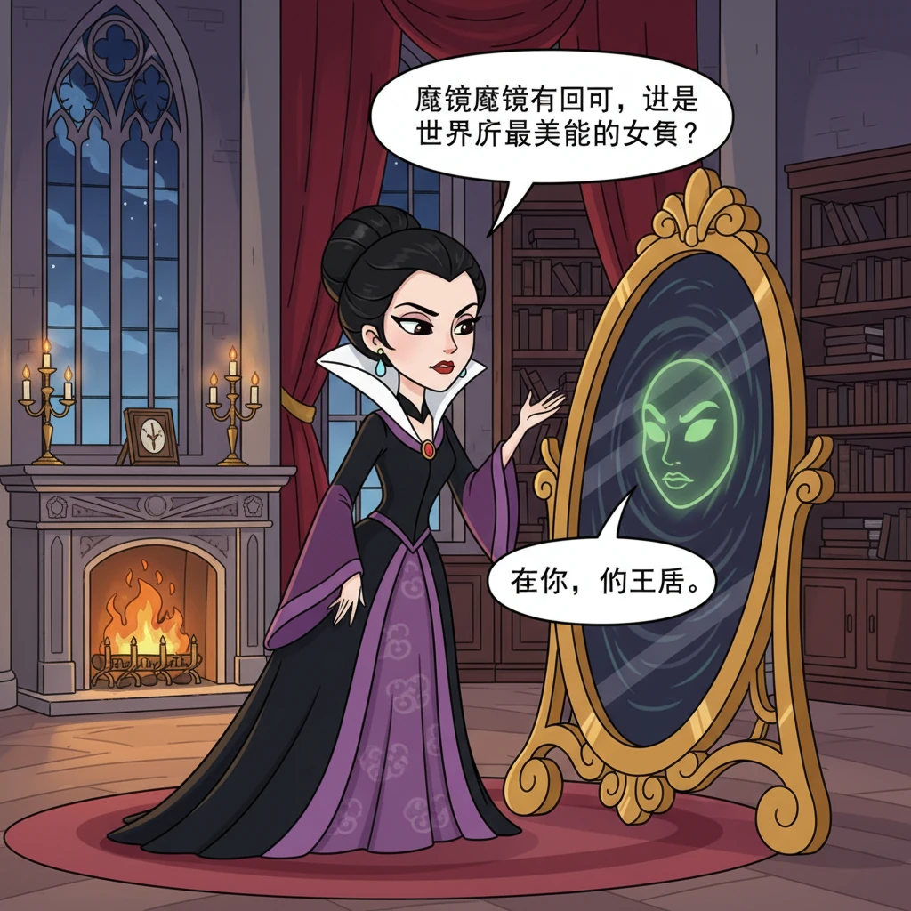 白雪公主的继母是一位邪恶又爱美的王后，她每天都要问魔镜：“魔镜魔镜告诉我，谁是世界上最美丽的女人？”魔镜总是回答：“是你，我的王后。”