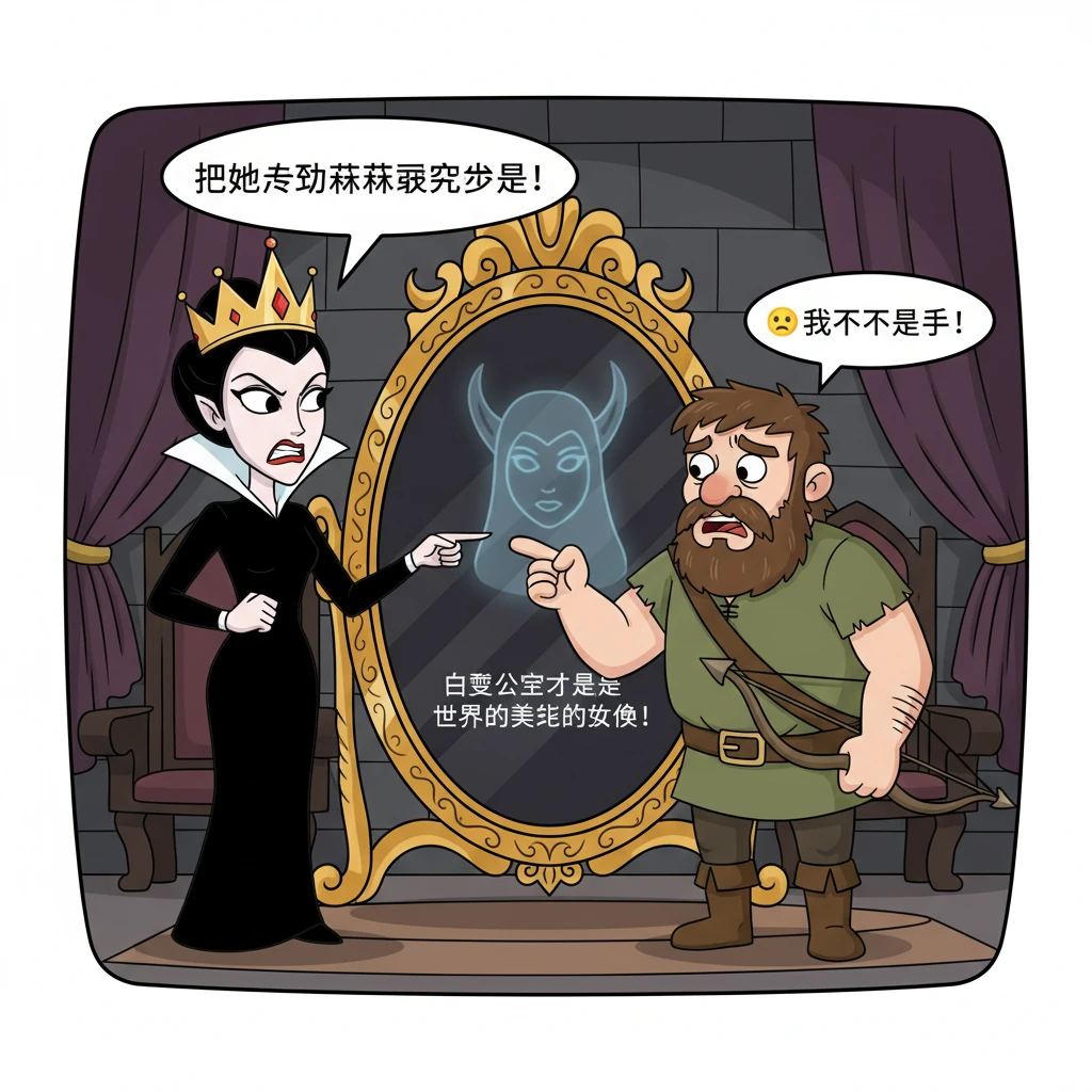 时光流逝，白雪公主渐渐长大，变得比王后更加美丽。有一天，魔镜回答说：“白雪公主才是世界上最美丽的女人！”王后听后勃然大怒，命令猎人将白雪公主带到森林深处杀掉。