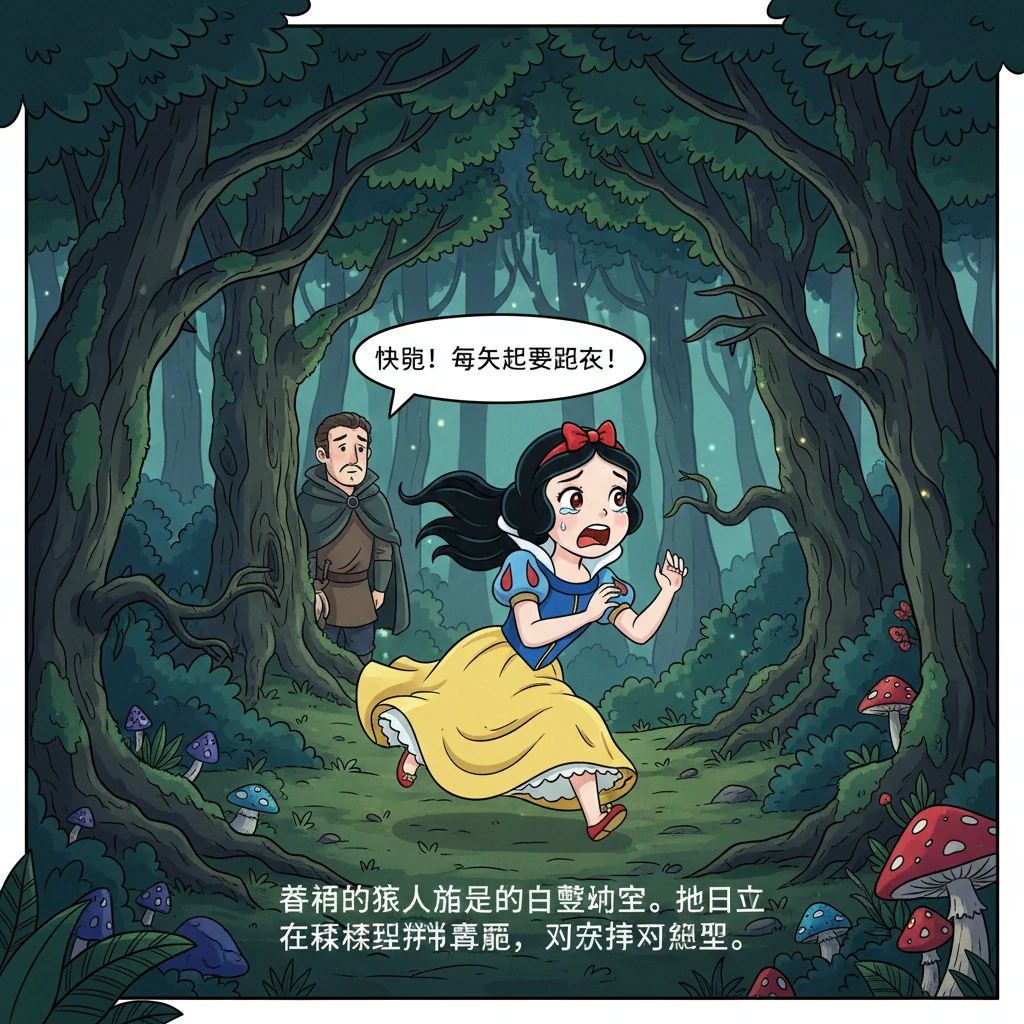 善良的猎人不忍心伤害白雪公主，他放走了她，并嘱咐她永远不要再回到王宫。白雪公主独自在茂密的森林里奔跑，感到又害怕又无助。