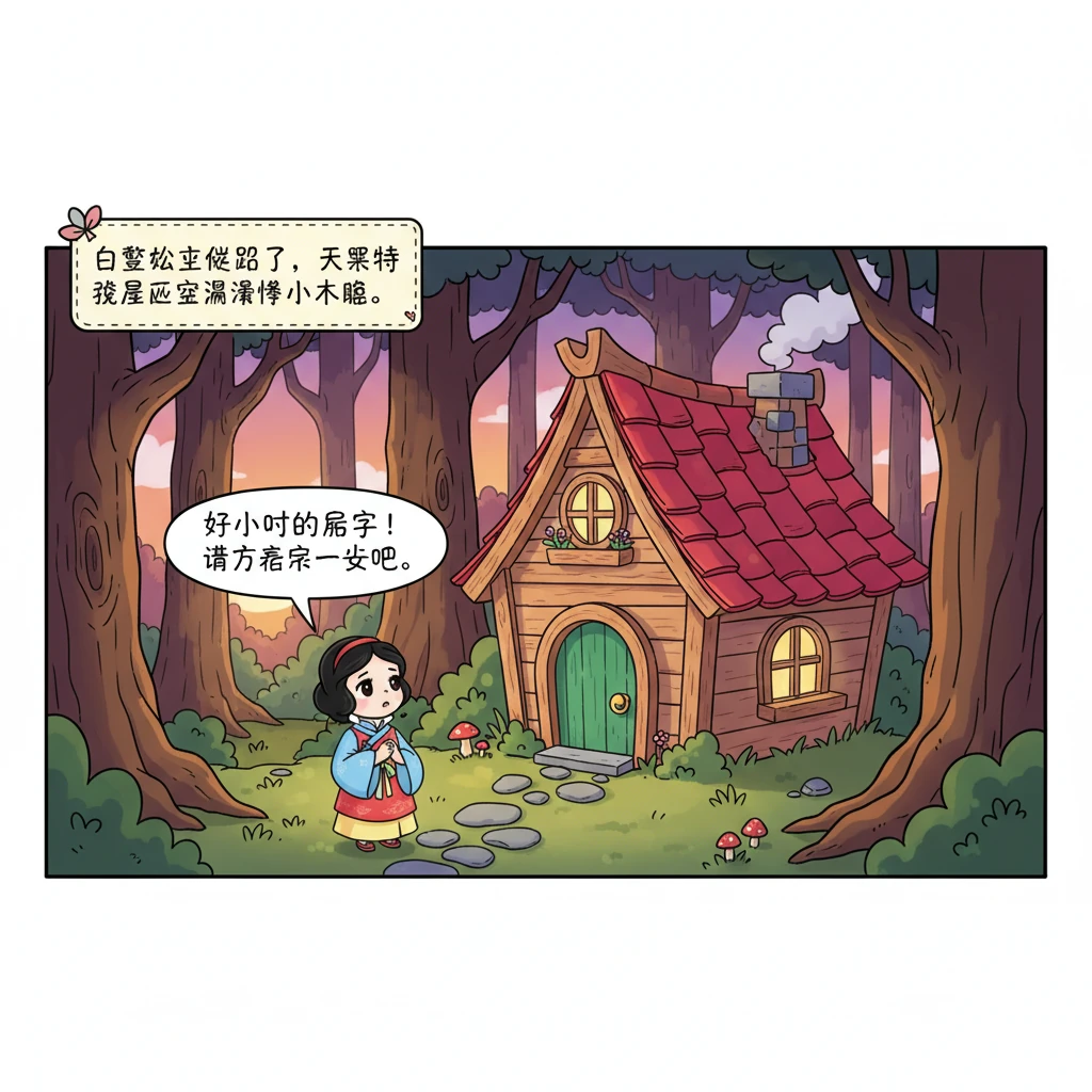 白雪公主在森林里迷失了方向，天色渐晚时，她发现了一座小巧可爱的木屋。木屋里一切都小小的，整洁又温馨，她决定进去休息。