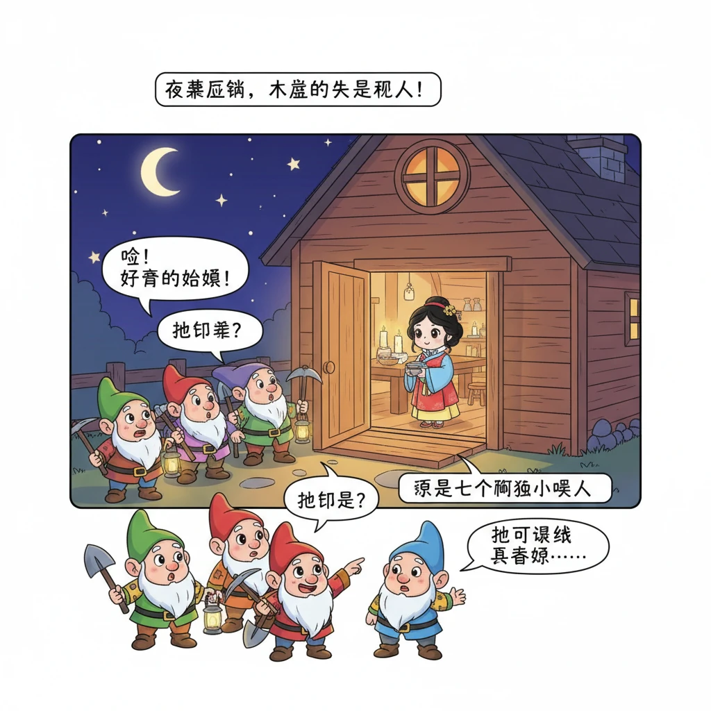 夜幕降临，木屋的主人回来了，原来是七个勤劳的小矮人。他们看到白雪公主非常惊讶，但很快就被她的善良和美丽吸引。