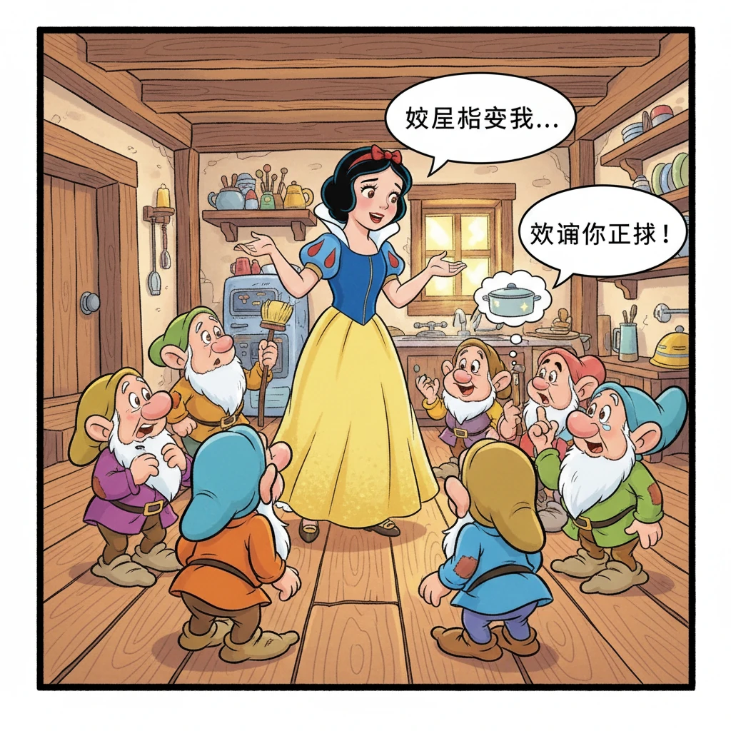 白雪公主向小矮人们讲述了自己的遭遇，小矮人们非常同情她，邀请她留下来，为他们做饭、打扫，从此白雪公主和小矮人过上了快乐的生活。