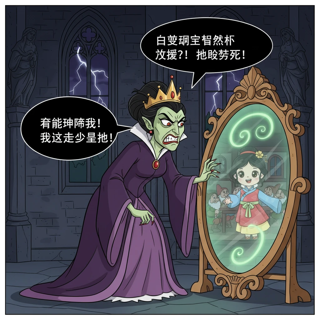 王后再次询问魔镜，得知白雪公主仍然活着，并且住在七个小矮人的家里。她气得脸色发青，发誓要亲自除掉白雪公主。