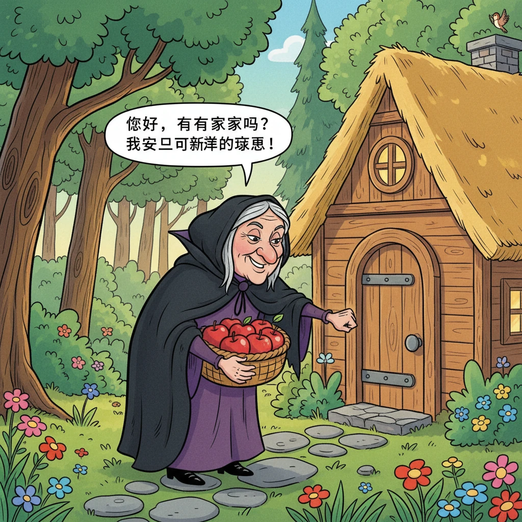 王后乔装打扮成一个和蔼可亲的老婆婆，提着一篮子鲜红诱人的苹果，来到了小矮人的木屋前，敲响了门。