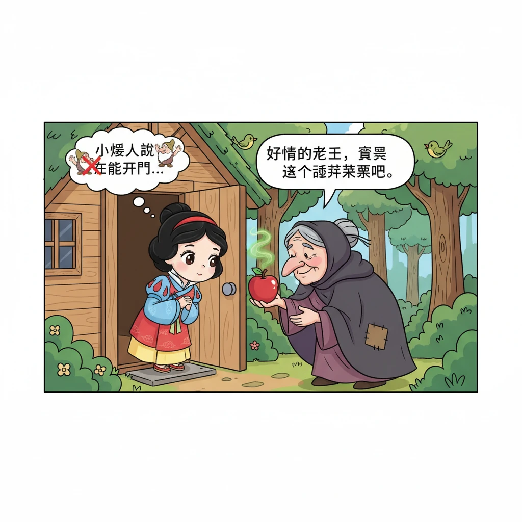 白雪公主虽然被小矮人警告过不要开门，但看着老婆婆可怜的样子，还是心软了。老婆婆递给她一个看起来非常美味的毒苹果。
