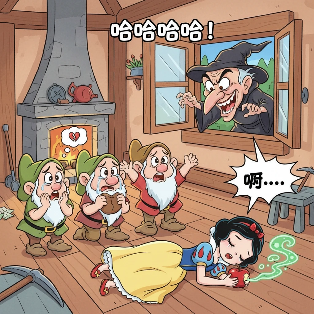 白雪公主咬了一口毒苹果，瞬间倒地，昏迷不醒。老婆婆得意地大笑着离开了，小矮人回家后发现倒地的白雪公主，悲痛欲绝。